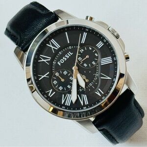 Fossil Grant 44mm Men's Chronograph Watch Silver Stainless Black Leather FS4812
